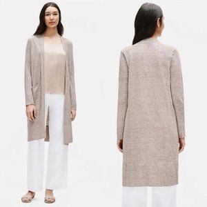 Eileen Fisher Organic Cotton Linen Melange Cardigan L Taupe Longline Duster Thin